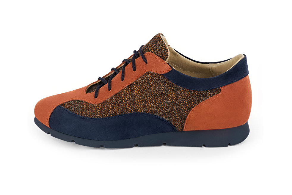 Terracotta orange and navy blue women's three-tone elegant sneakers. Round toe. Flat rubber soles. Profile view - Florence KOOIJMAN
